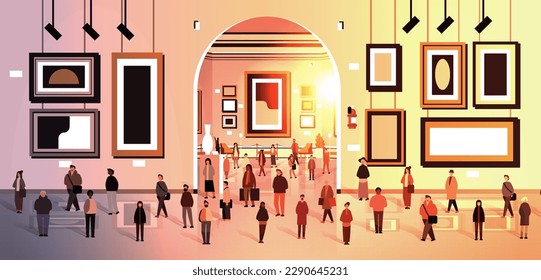 multiethnic people group mix race men women crowd in modern art gallery or museum horizontal