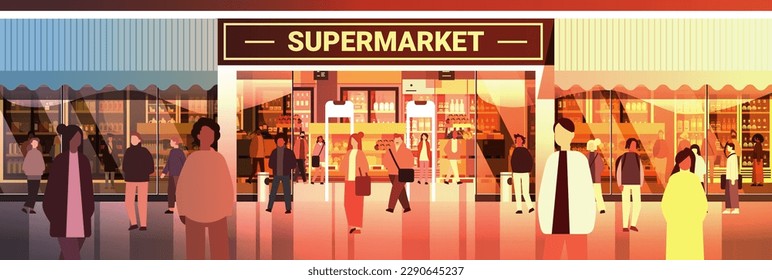 multiethnic people group mix race men women customers crowd near modern supermarket exterior