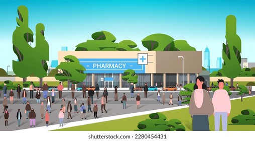 multiethnic people group standing near pharmacy store building mix race men women crowd walking outdoor