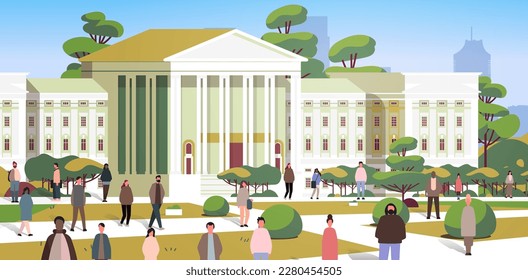 multiethnic people group standing near governmental building mix race men women crowd walking outdoor horizontal