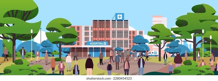 multiethnic people group standing near hospital building mix race men women crowd walking outdoor medicine healthcare