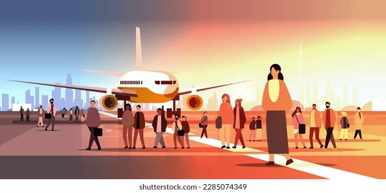 multiethnic people group standing near airplane mix race men women crowd at airport terminal sunset