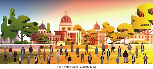 multiethnic people group standing near governmental building mix race men women crowd walking outdoor