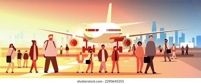 multiethnic people group standing near airplane mix race men women crowd at airport terminal