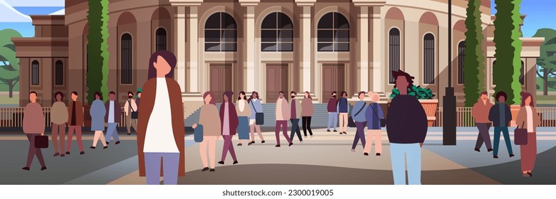 multiethnic people group standing near governmental building mix race men women crowd walking city street