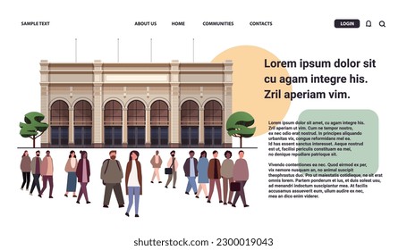 multiethnic people group standing near governmental building mix race men women crowd walking city street
