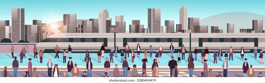 multiethnic people group standing on railway station mix race men women waiting train on platform public transport concept