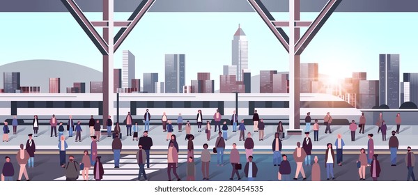 multiethnic people group standing on railway station mix race men women waiting train on platform public transport