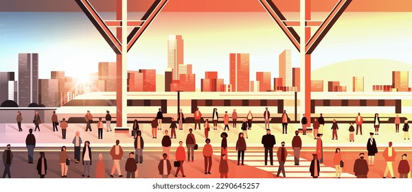 multiethnic people group standing on railway station mix race men women waiting train on platform public transport