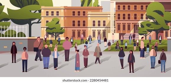 multiethnic people group walking outdoor mix race men women citizens crowd going along city street cityscape background