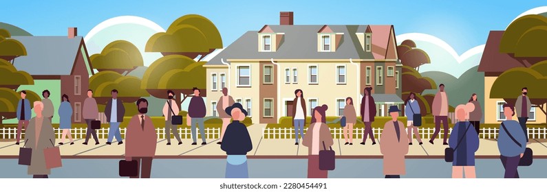multiethnic people group walking outdoor mix race men women citizens crowd going along city street cityscape background