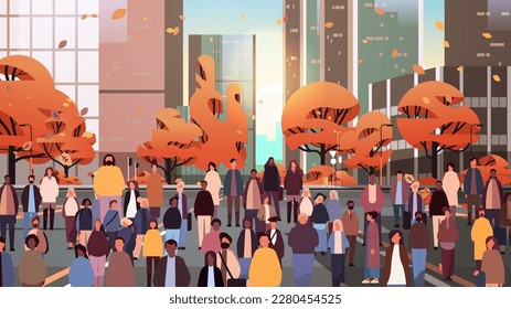 multiethnic people group walking outdoor mix race men women citizens crowd going along city street cityscape background
