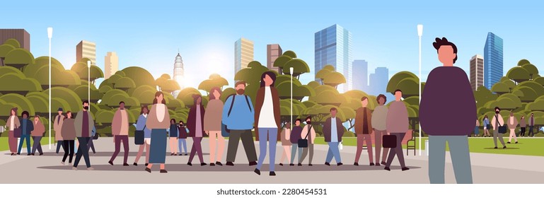 multiethnic people group walking outdoor mix race men women crowd spending time in urban park cityscape background