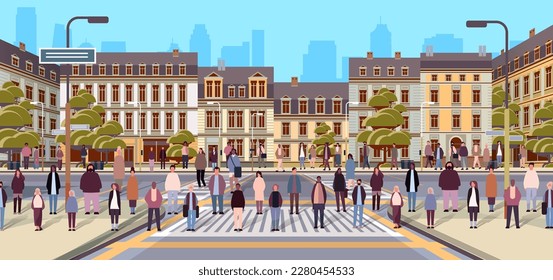 multiethnic people group walking outdoor mix race men women citizens crowd going along city street cityscape background