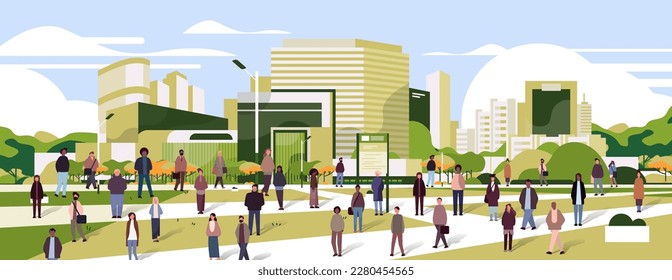 multiethnic people group walking outdoor mix race men women crowd spending time in urban park cityscape background