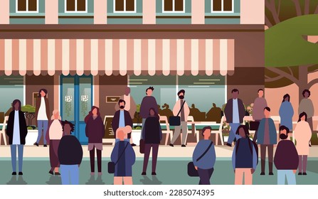 multiethnic people group walking outdoor mix race men women citizens crowd going along city street cityscape background