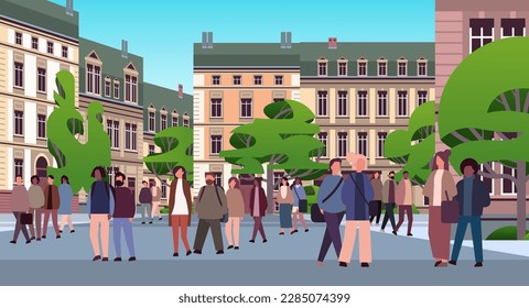 multiethnic people group walking outdoor mix race men women citizens crowd going along city street cityscape