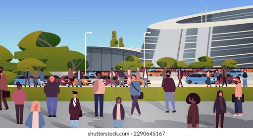 multiethnic people group walking outdoor mix race men women citizens crowd near futuristic building cityscape
