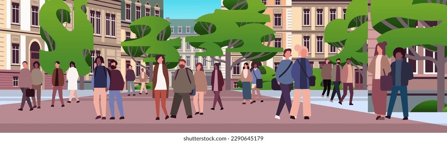 multiethnic people group walking outdoor mix race men women citizens crowd going along city street cityscape