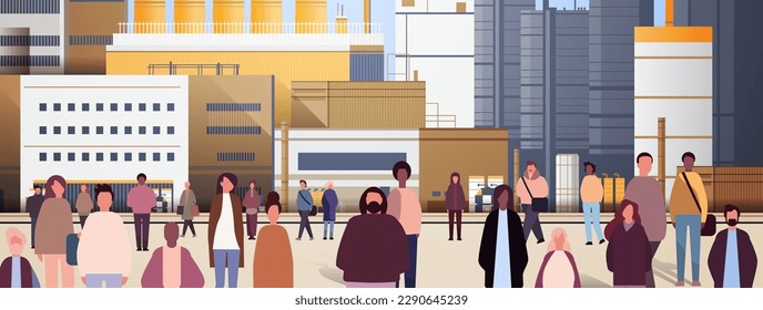multiethnic people group walking outdoor mix race men women citizens crowd going along power plant