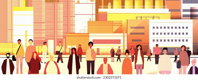 multiethnic people group walking outdoor mix race men women citizens crowd going along power plant factory buildings