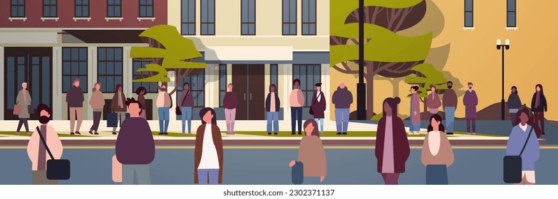 multiethnic people group walking outdoor mix race men women citizens crowd going along city street