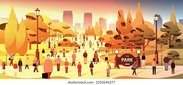 multiethnic people group walking outdoor mix race men women crowd spending time in urban park