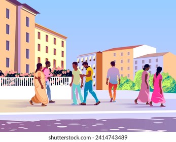 Multiethnic people group walking outdoor mix race men women citizens crowd going along city street cityscape background