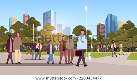 multiethnic people group walking outdoor mix race men women crowd spending time in urban park