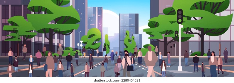 multiethnic people group walking in rain outdoor mix race men women crowd spending time in urban park cityscape