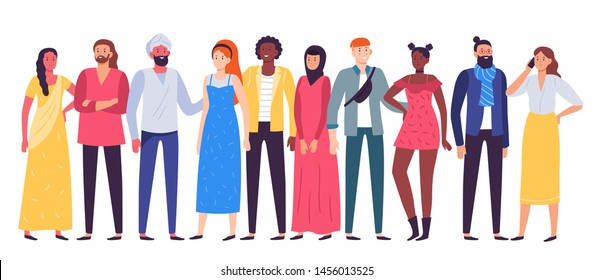 Multiethnic people group. Workers team, diverse people standing together and coworkers in casual outfit. Multicultural work corporate resources characters posing flat vector illustration