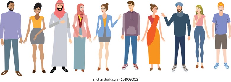 Multiethnic people group. Workers team, diverse people standing together and coworkers in casual outfit - Vector