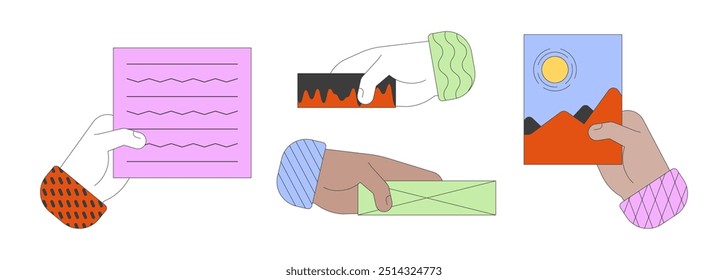 Multiethnic people hands holding elements cartoon illustrations set. Visual details. Business commerce and arts linear 2D vector images collection, white background. Editable colorful flat clipart