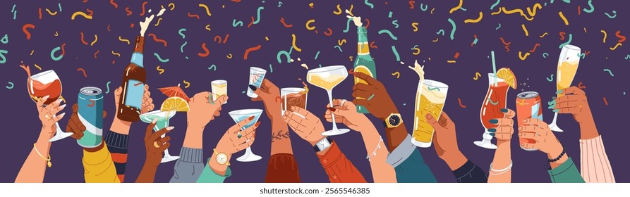 Multiethnic people hands raising drinks in confetti rain flat color vector illustration. Festive occasion celebration cartoon composition on purple