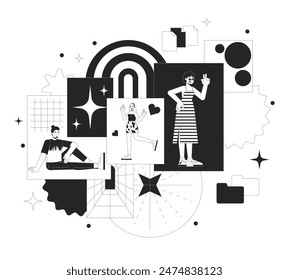 Multiethnic people having fun black and white 2D illustration concept. Spreading joy and happiness feelings cartoon outline characters isolated on white. Positive metaphor monochrome vector art