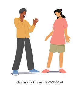 Multiethnic People Indian or Pakistani Man and Caucasian Woman Talking or Speaking. Multiracial Couple Chatting, Dialogue Between Male and Female Characters, Meeting. Cartoon Vector Illustration