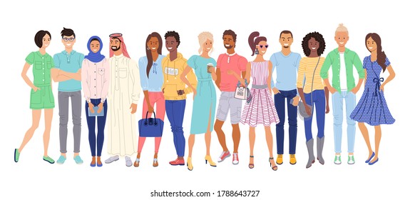 Multiethnic people. Isolated casual young adult men and women cartoon character citizen group standing together. Interracial and multi-ethnic couple crowd. Vector diverse multiethnic people society