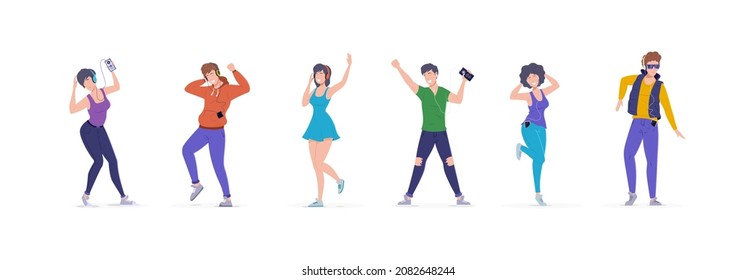 Multiethnic people listening music in earphones set. Happy man and woman dancing enjoying favorite audio sound use digital device player and headphones freedom and positive emotion cartoon vector