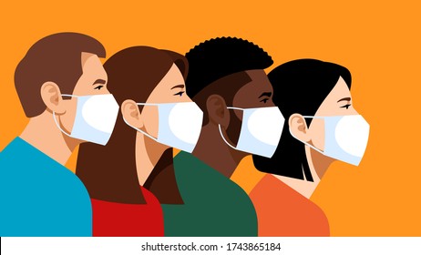 Multi-ethnic people in medical masks. Prevention of flu, pneumonia, and viral infections. Respiratory protection against air pollution. Protective masks in public places. Yellow background.