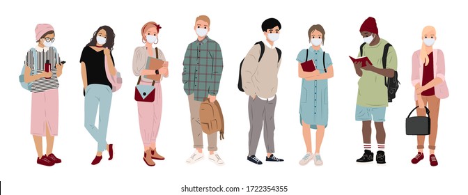 Multiethnic People With Medical Masks. Young People In Medical Masks To Prevent Disease, Virus, Pandemi Covid-19. Healthcare Protected Concept. Flat People Set. Vector Illustration