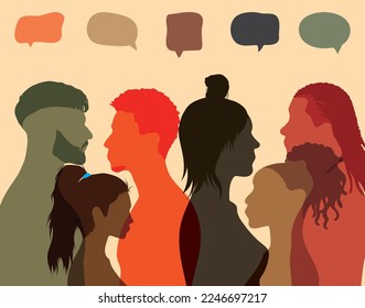 Las personas multiétnicas están representadas por burbujas de habla y diálogos. Ilustración vectorial. Usando las redes sociales y comunicándose. Comunicarse entre culturas y socializar. 