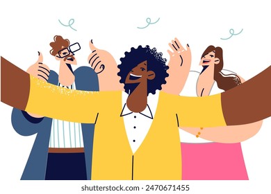 Multiethnic people take selfies at party and wave or show thumbs up showing great mood. Party for business men and women celebrating colleague birthday or corporate event for team building