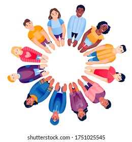 Multiethnic people team standing in circle together, holding hands. Top view vector illustration. Diversity social community, collaboration, teamwork concept. Flat cartoon men and women characters