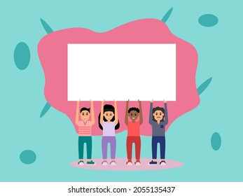 Multi-ethnic people vector illustration holding white banner with space for text - announcement banner
