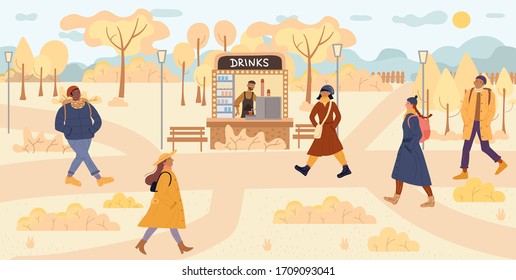 Multiethnic people walk in autumn public park near street coffee shop stall. Young man woman in warm clothes headwear go to work in morning. Seller offer hot aroma takeaway drink. Character enjoy fall