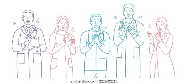 Multiethnic people in white medical uniform standing clapping hands and showing successful achievement. Hand drawn color line vector illustration.