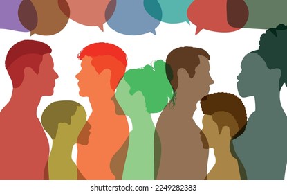 Los pueblos multiétnicos se comunican y comparten ideas. Población multicultural. Burbuja del discurso. 