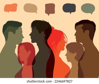 Eine multiethnische Bevölkerung, die Ideen kommuniziert und teilt. Desorganisation und Verwirrung. Vektorgrafik. Menschen mit unterschiedlichem Hintergrund sind von Zuwanderung und Menschenmenge gefärbt. Globalisierung und Vielfalt