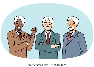 Multiethnic senior businesspeople in formal wear smiling and looking confidently at screen. Multiracial businesspeople founders of corporation or members of board of directors in investment company