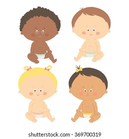 Multi-ethnic set of four babies sitting. Toddler girls and boys. Cartoon vector hand drawn eps 10 illustration isolated on white background.